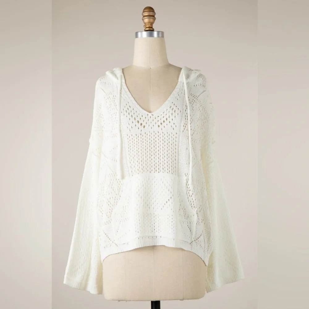 Ivory Crochet Multi Knit Pattern Hoodie With Pocket - Picture 2 of 4
